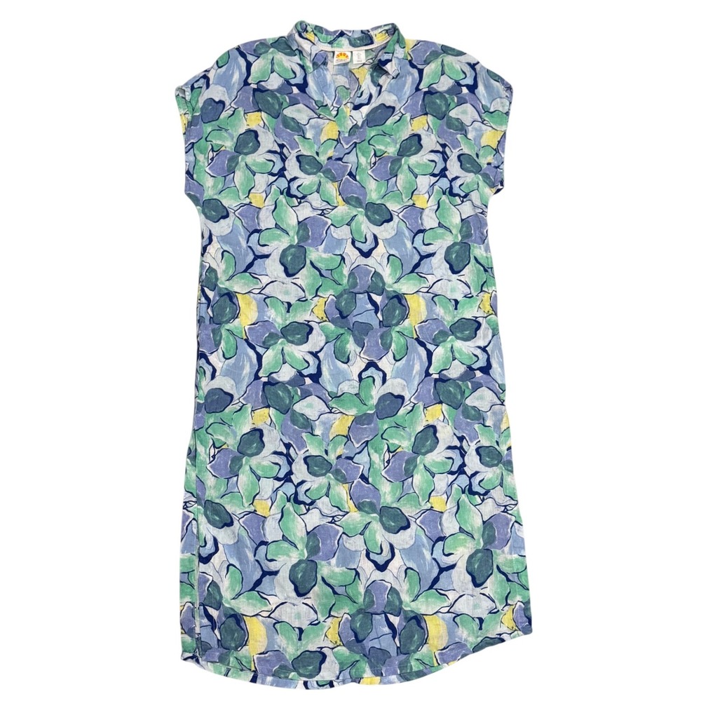 C&C California Floral Shift Dress Womens L Blue Green Linen Blend Cap Pockets
